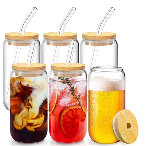 Aosijia 6 Pcs Drinking Glasses With Bamboo Lids And Glass Straw Set 16oz Can Shaped Glass Cups