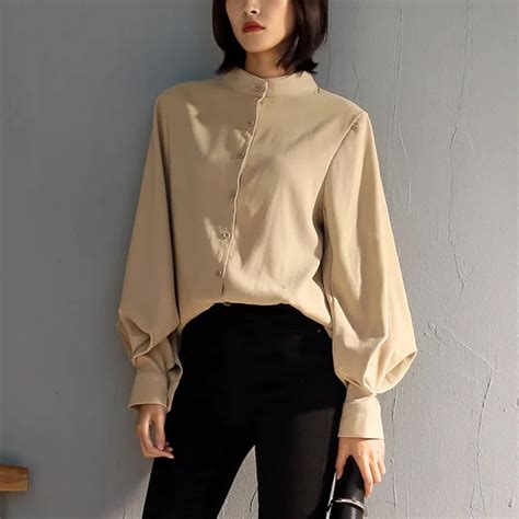 Vintage Lantern Sleeve Shirts Female Fashion Sheer Ruched Khaki Tops