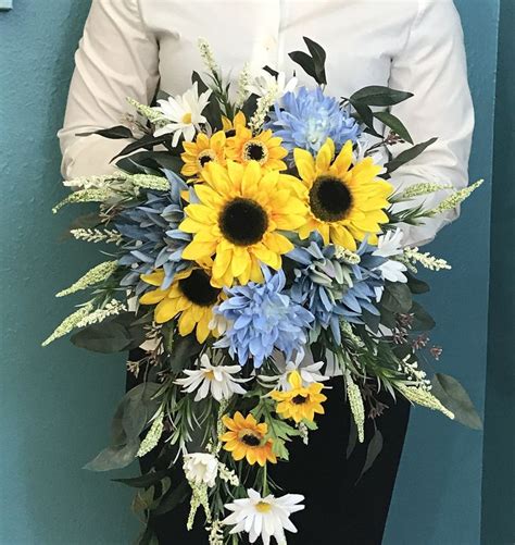 Dusty Blue Sunflower Cascading Bridal Bouquet Silk Blue Sunflower