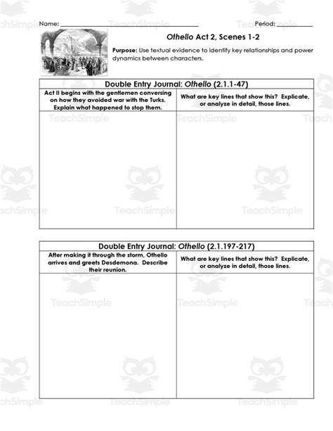 Othello Act 2 Scenes 1 2 Double Entry Journals By Teach Simple