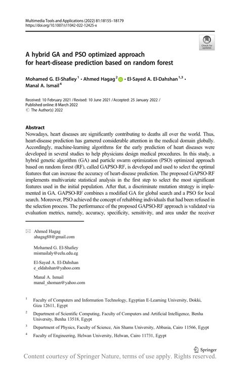 PDF A Hybrid GA And PSO Optimized Approach For Heart Disease