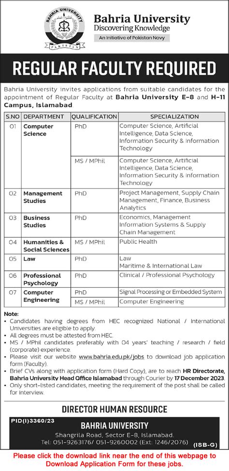 Bahria University Islamabad Jobs December 2023 Teaching Faculty