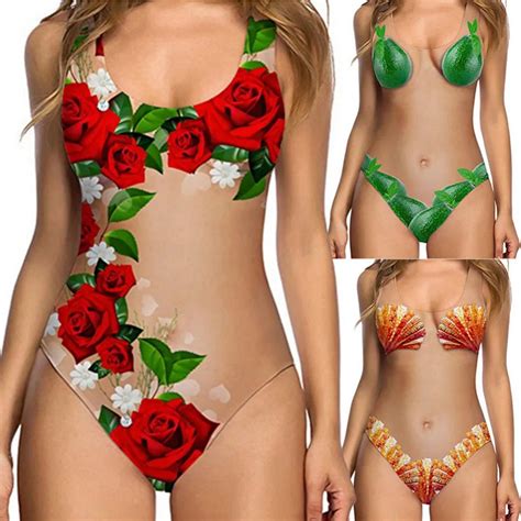 Hot Women One Piece See Through Swimsuit Beachwear Printed Swimwear