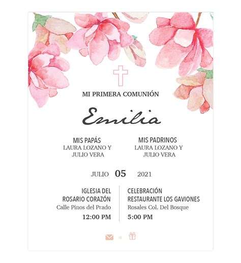 Invitación Primera Comunión Flores Rosa personalizada