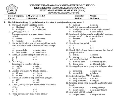 Soal Alquran Hadits Kelas 4 Semester 2 Homecare24