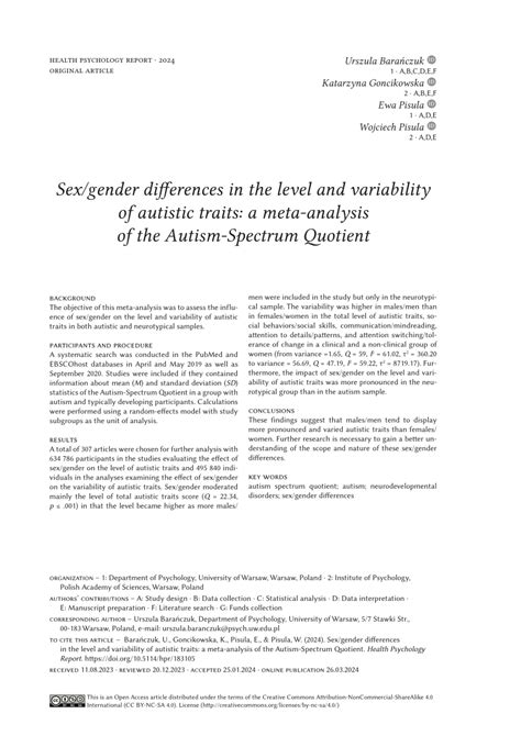 Pdf Sexgender Differences In The Level And Variability Of Autistic Traits A Meta Analysis Of