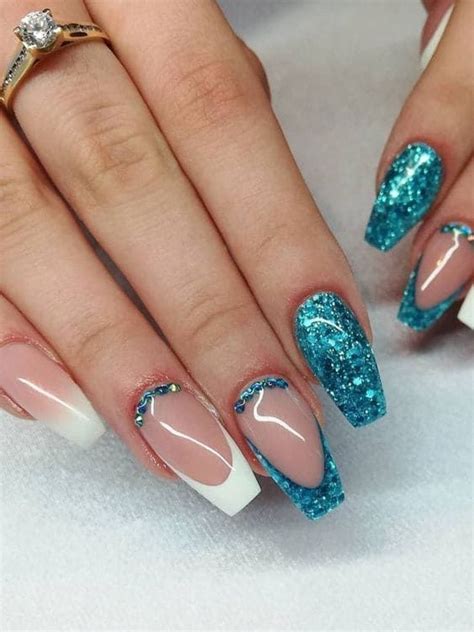 Coffin Shaped Turquoise Glitter Nails With White French Tips In