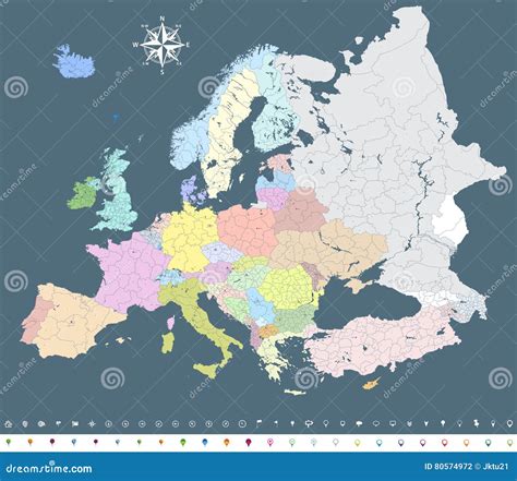 Europa Wektorowa Kolorowa Polityczna Mapa Z Region Granicami I Nawigacj