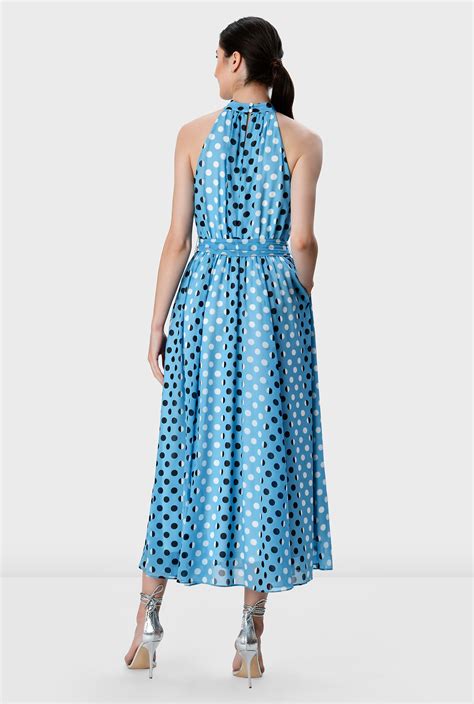 Shop Ruched Polka Dot Print Georgette Halter Dress Eshakti