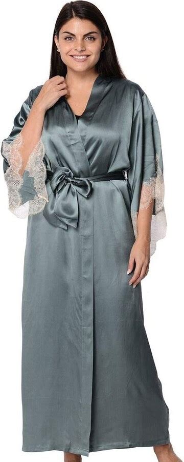 Tjc 100 Mulberry Silk Long Robe With Kimono Style Sleeves With Lace In