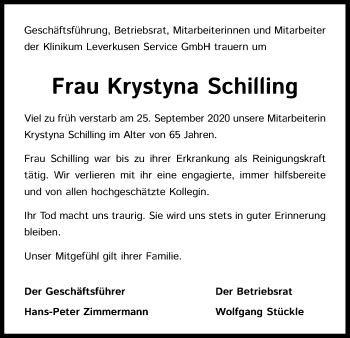 Traueranzeigen Von Krystyna Schilling Wirtrauern