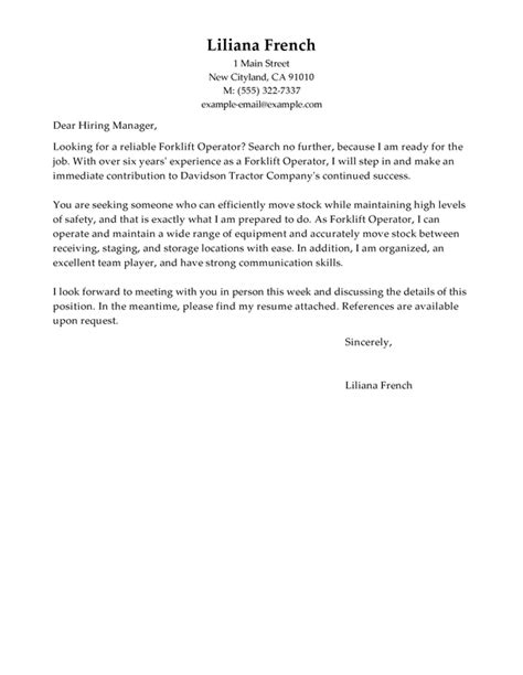 Professional Forklift Operator Cover Letter Examples