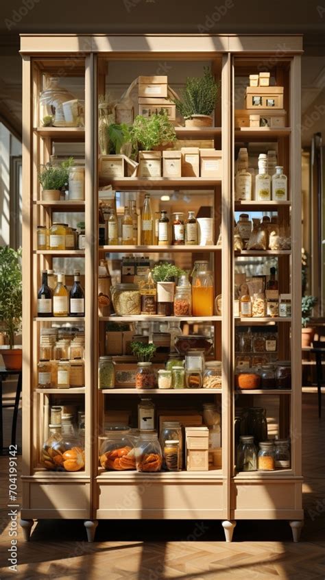 Image Of A Wooden Pantry With A Variety Of Food Items Stock