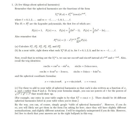 Solved 1 A Few Things About Spherical Harmonics Remember