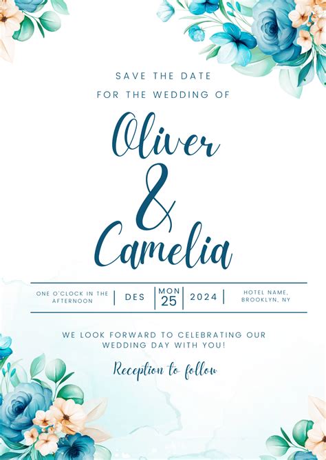 Blue Minimalist Aesthetic Wedding Invitation With Floral Watercolor