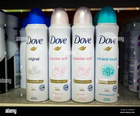 Dove brand products. Dove antiperspirant spray on the store shelf Stock ...