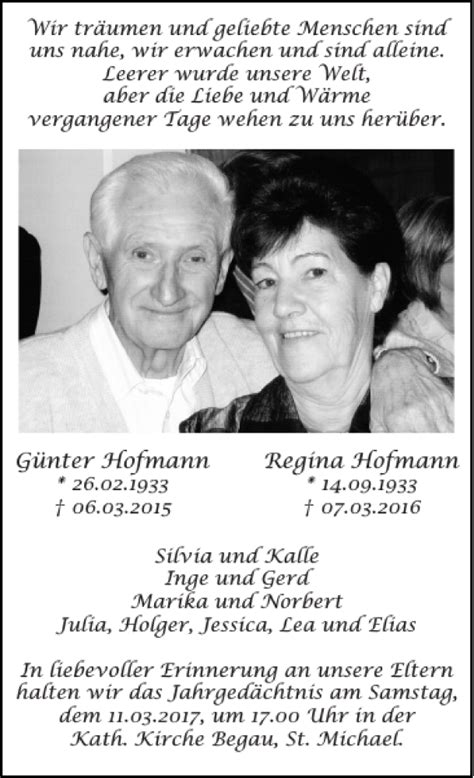 Traueranzeigen von Günter Hofmann Regina Hofmann Aachen gedenkt