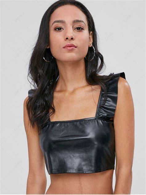 Ruffle Strap Faux Leather Crop Top In Black Zaful 2023