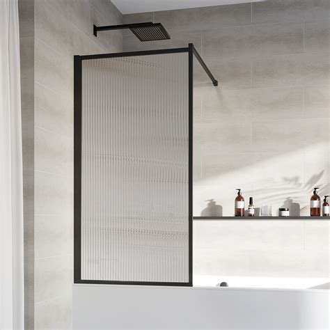 Roman Introduce Framed Matt Black Bath Screen With Fluted Glass Roman