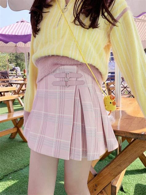 Harajuku Kawaii Fashion Hime Gyaru Plaid Woolen Mini Skirt Pink White