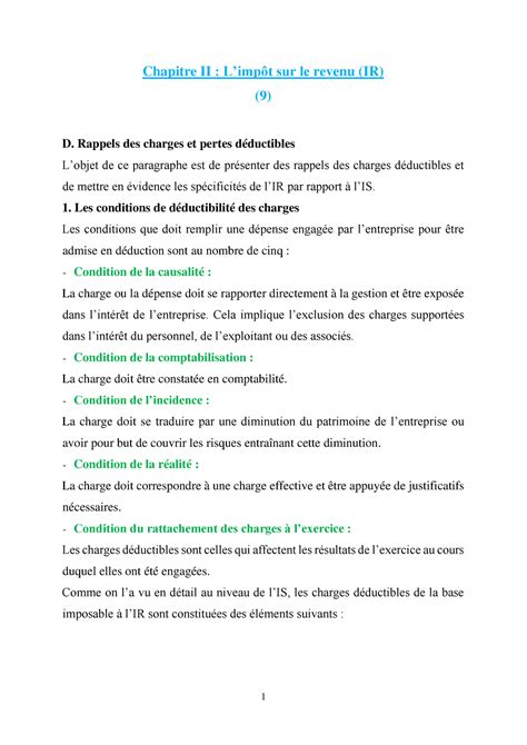 9 Rappel des charges et pertes déductibles A Chapitre II L