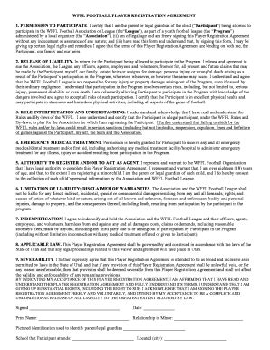 Fillable Online WFFL FOOTBALL PLAYER REGISTRATION AGREEMENT 1