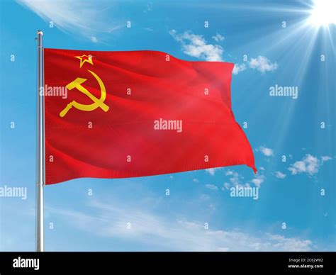 Soviet Union National Flag Waving In The Wind Against Deep Blue Sky