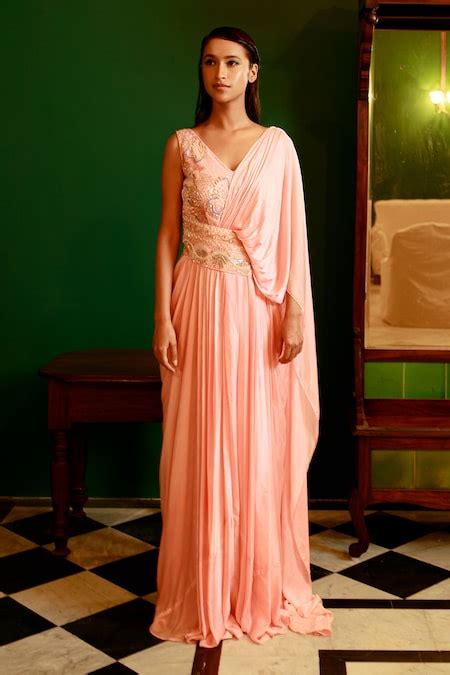 Buy Pink Georgette Satin Hand Work Cutdana V Neck Gown With Attached