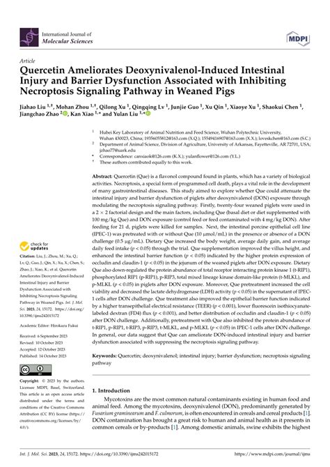 PDF Quercetin Ameliorates Deoxynivalenol Induced Intestinal Injury