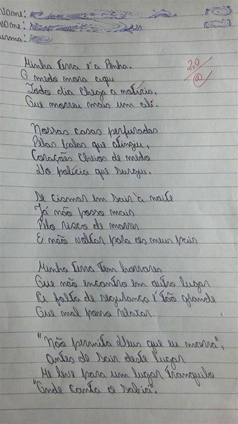 Minha Terra Tem Horrores Vers O De Poema Feita Por Alunos Do Rio