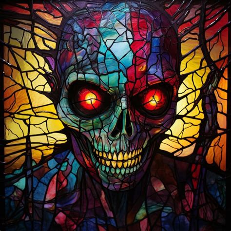 Premium AI Image A Brightly Colored Skull With Red Eyes In A Stained