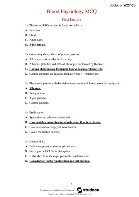 Solution Blood Module Physiology Mcqs With Answer Key Studypool