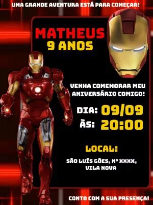 Convite aniversário Homem de Ferro Edite grátis nosso editor online