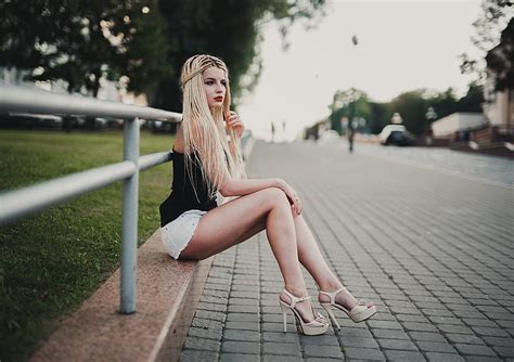 Hd Wallpaper Women S Black Top Blonde Sitting High Heels Looking