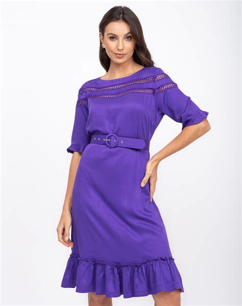 Vestido Em Viscose Lisa C Guippir E Cinto Express O Moda Feminina