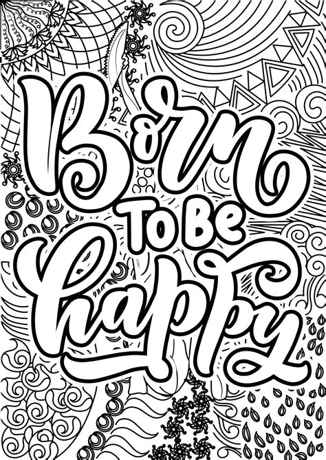 Born To Be Happy Funny Quotes Design Page Adult Coloring Page Design