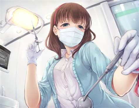 Safebooru 1girl Arigato Rmskrtkdlqj Blush Brown Hair Dental Chair