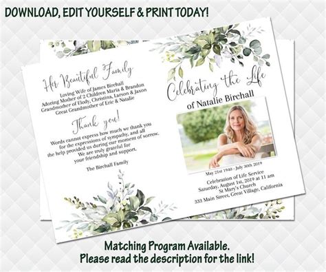 Greenery Funeral Prayer Card Template Printable Green Leafs Etsy