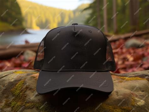 Premium Photo Black Ballcap Sits Atop Rock In Front Of Forest River