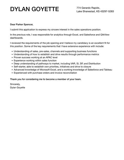 Sales Operations Cover Letter Velvet Jobs