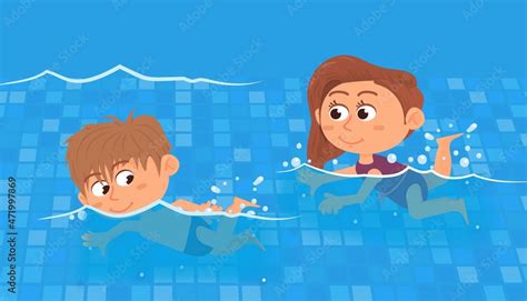 Swimming Competition Kids Swim In Pool Sport Training Cartoon Boy