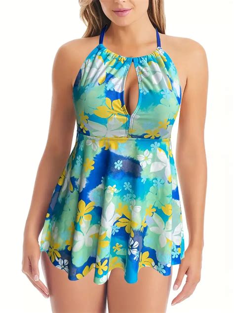 Floral Print Halter Keyhole Neckline Tankini Backless Hollow Temu Denmark