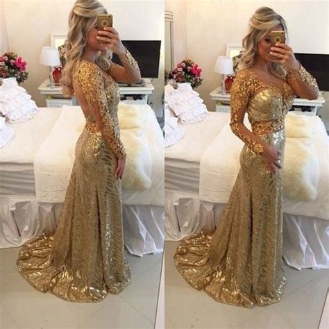 Gorgeous Gold Sequin Long Sleeves Evening Dress 2016 Sheer Backless Lace Appliques Prom Dress