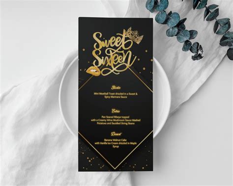 Black And Gold Sweet Th Birthday Menu Dinner Menu Elegant Etsy