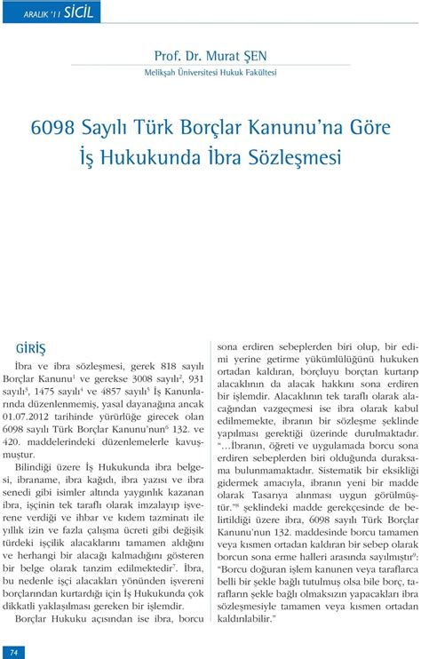 6098 Say l Türk Borçlar Kanunu na Göre Hukukunda bra Sözle mesi PDF