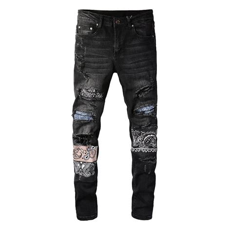 Men Paisley Bandanna Print Patch Jeans Streetwear Cracked Pleated