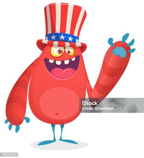 Kartun Monster Lucu Mengenakan Topi Paman Amerika Sam Pada Hari