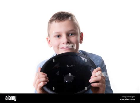 Boy Embraces A Big Black Megaphone Stock Photo Alamy