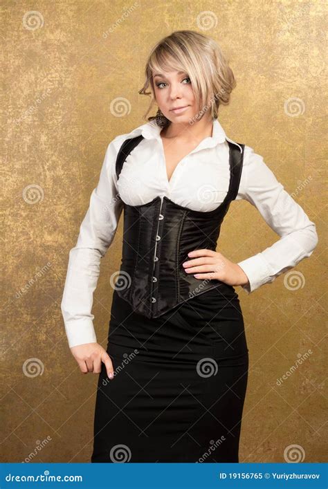 Sexy Blonde Woman In Corset And Skirt Royalty Free Stock Photo Image