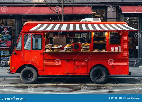 An Open Red Food Truck With A Striped Awning Is Parked On A Wet City